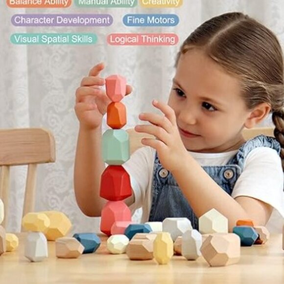 Bestamtoy 36 PCS Colorful Natural Quality Wooden Sensory Building Stone Toy Set - Picture 5 of 5